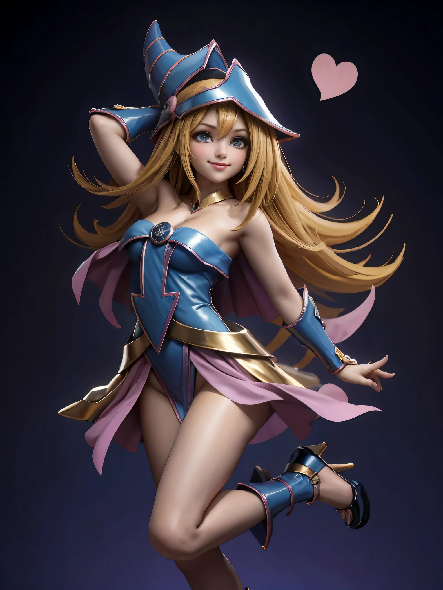 Dark magician gils en el aire, she is standing jumping, Magic hearts background. Sonrisa en sus labios. Ojos celestes. Cabello dorado. Pose sensual. Levitando en una pie. Tiene tacones. 1.1 Usa tacones azules y dorados . Usa tacones 