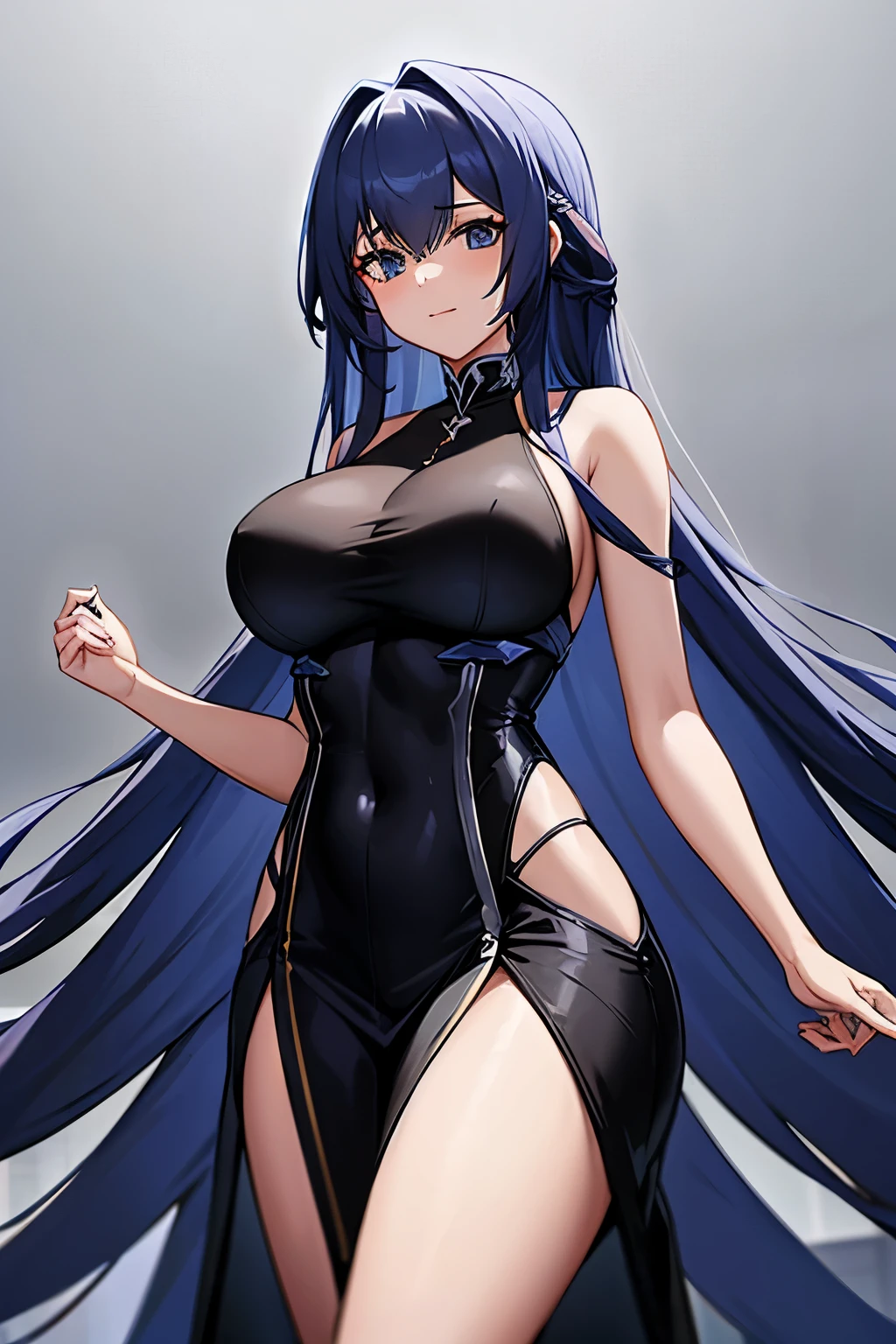 woman, AANJ, LONG HAIR, LARGE BREASTS, party dress, black dress, long dress
