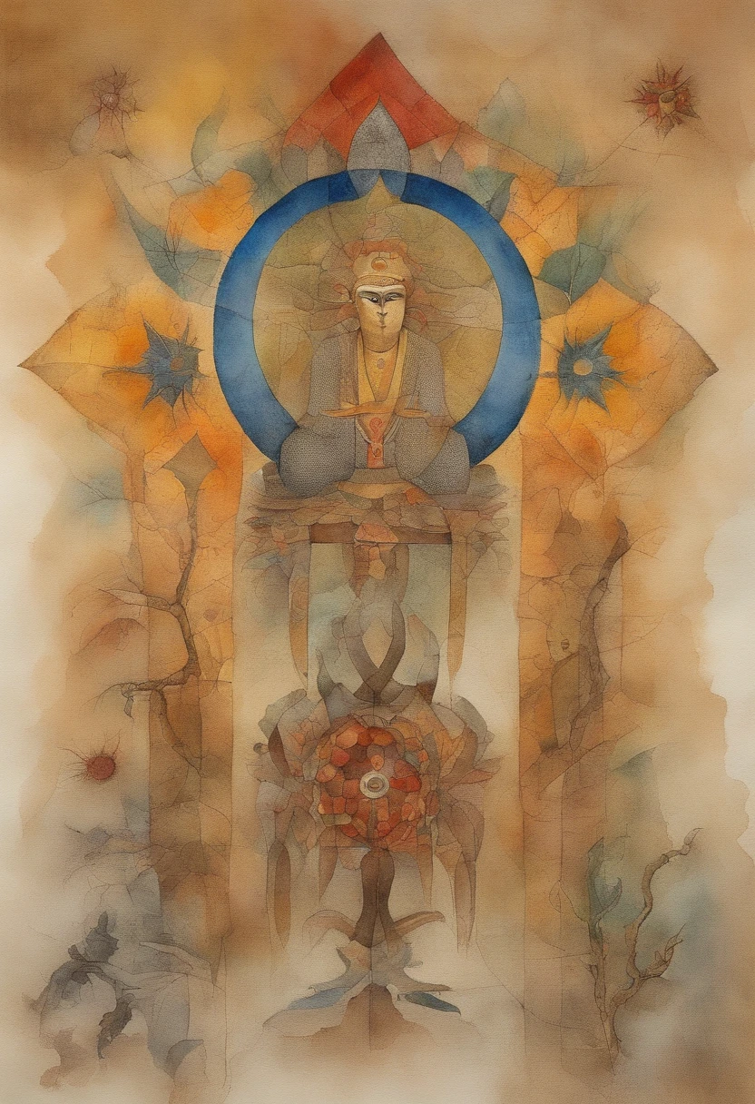 Monge tibetano, rosto maduro e iluminado, barba longa e branca, roupas brancas com detalhes amarelos, ethereal and fire effects, Estilo Paul Klee, Obra-prima surreal, octane rendering, foco, fundo colorido, circunstanciado, detalhes intrincados, cores ricas