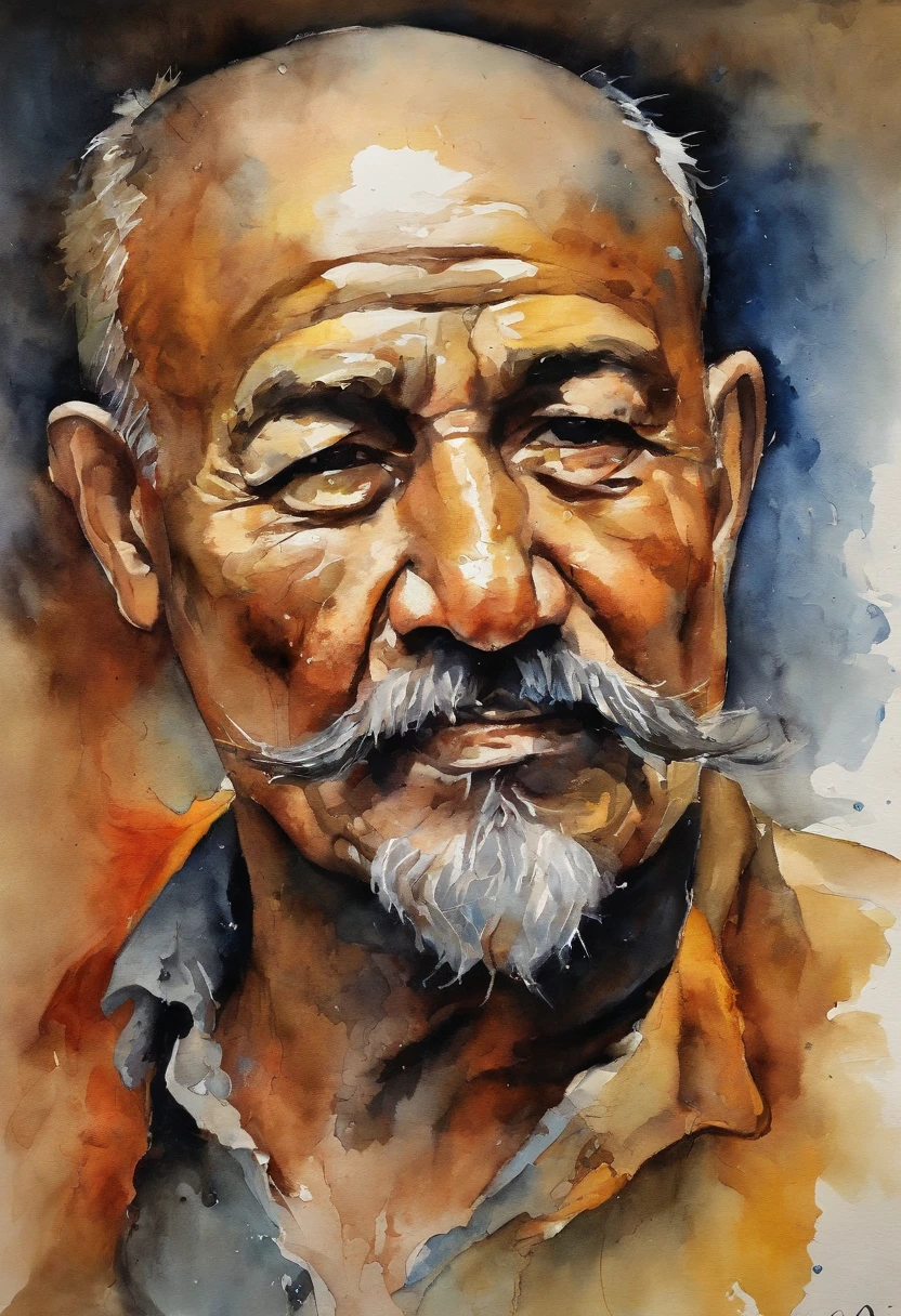 Monge tibetano, rosto maduro e iluminado, barba longa e branca, roupas brancas com detalhes amarelos, ethereal and fire effects, Estilo Paul Klee, Obra-prima surreal, octane rendering, foco, fundo colorido, circunstanciado, detalhes intrincados, cores ricas