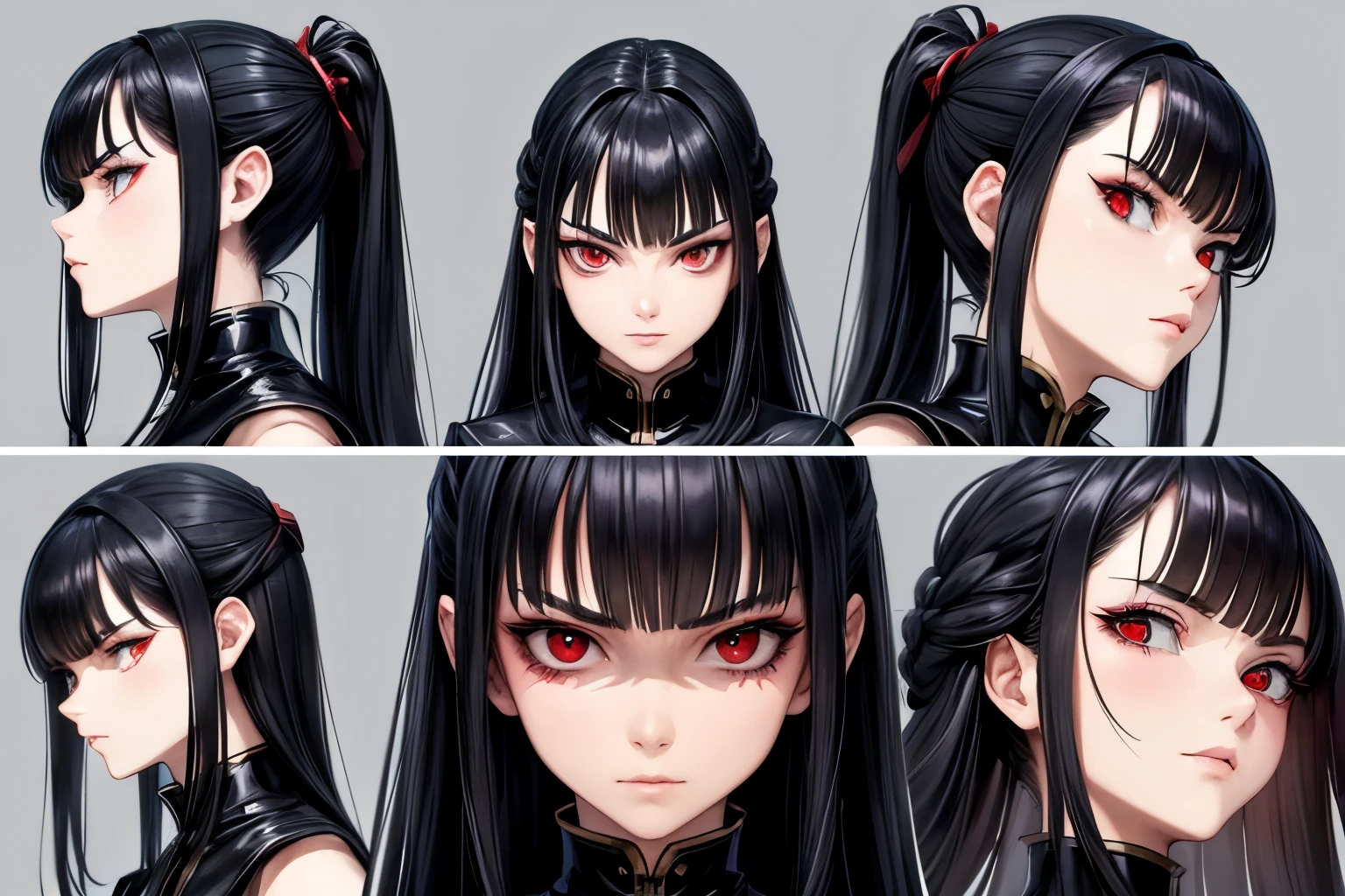 ((best quality)), ((work of art)), (detailed), perfect face, model sheet, black hair, red eyes, villain, serious expression, villain pose, anime girl.full body