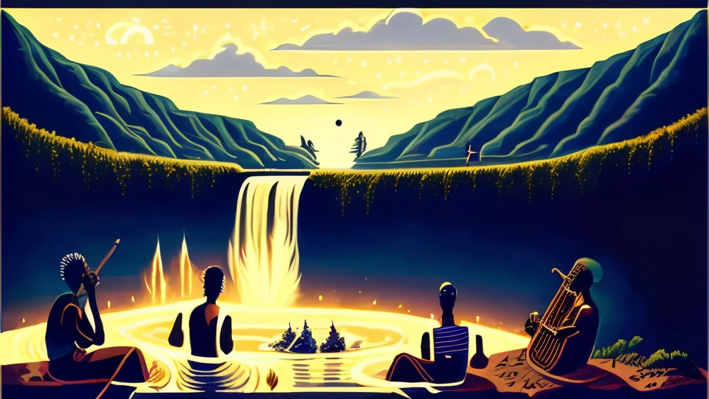 african tribal music jam with people in the middle of a waterfall, biblical creatures in the half evening/ half night sky