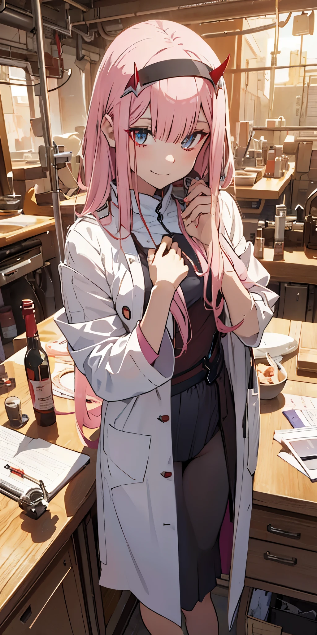 beautiful illustration、top-quality、Cute s、bedroom、pink-haired、lenght hair, red color eyes、test tube in hand、((pink pleated skirt)), (((white lab coat))), clothes covering full body、shortsleeves、a navel、bare-legged、on the beds、lovely thighs、glowing thigh, 1girl, bangs, biting, blush, covered navel, eyeshadow, hair behind head, hand on hip, smile, long hair, looking at viewer, makeup, pilot suit, red eyeshadow, science fiction, skin tight, solo, ((masterpiece)),camel toe, (breast:0.6), 8k, (thick thighs:1.3), beautiful, trap, futa, zero two, small horns