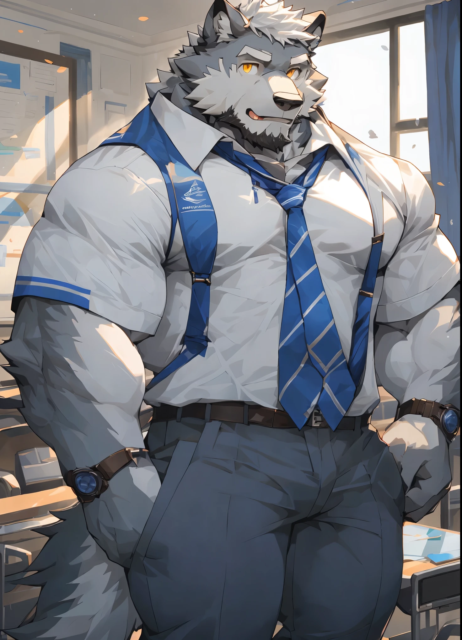 （masterpiece），（Very detailed），（high detail），（best quality），hairy，Wolf，gray fur，white hair，golden pupils，muscular，（Blue and white school uniform 1.2），Gray pants，（room background 1.1），8k，（（high quality））