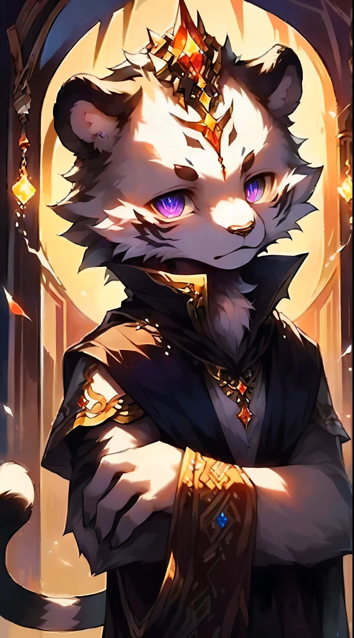 furry，white tiger，white fur，black strips，juvenile，gods，Shota，delicate and pretty，handsome，cute，emaciated，slim，noble，grace，pure，sacred，Fairy spirit，Aloof，indifferent，Different pupils，Purple-gold pupils，No hairstyle，black cloak，cover head，Poker face