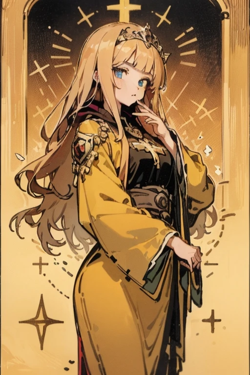 Tarotkarte, 1girl, Grenze, golden Grenze, Goldene Karte, golden Tarotkarte, Priester, Personal halten, goldener Heiligenschein, thick robes, Big , dicke Oberschenkel, Cowboy-Schuss, bust, dickes, mehrlagiges Kleid, Komplizierte Details, aufwendig detailliert, detailed Grenze, rote Farbe, Schwarze Farbe, Prinzessin, Prinzessin hair, Langes silbernes Haar, Beautiful eyes, beautiful big eyes