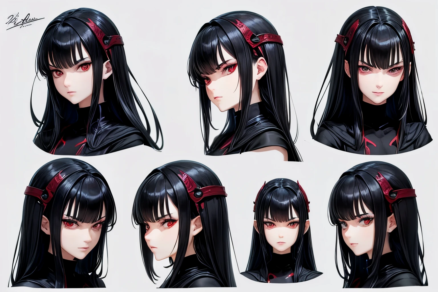 ((best quality)), ((work of art)), (detailed), perfect face, model sheet, black hair, red eyes, villain, serious expression, villain pose, anime girl.full body
