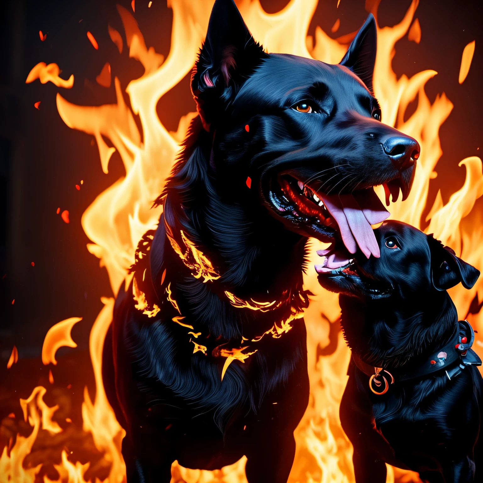 ((masterpiece)), ((ultra detailed)), 4K, RTX, Unreal 5, a black dog, hell fire, dog on fire,  devilish