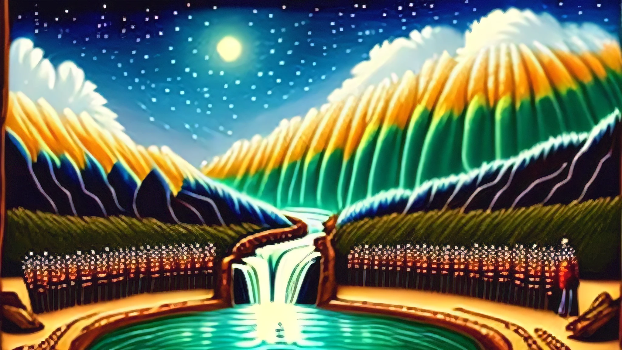 african tribal music jam with people in the middle of a waterfall, biblical creatures in the half evening/ half night  sky