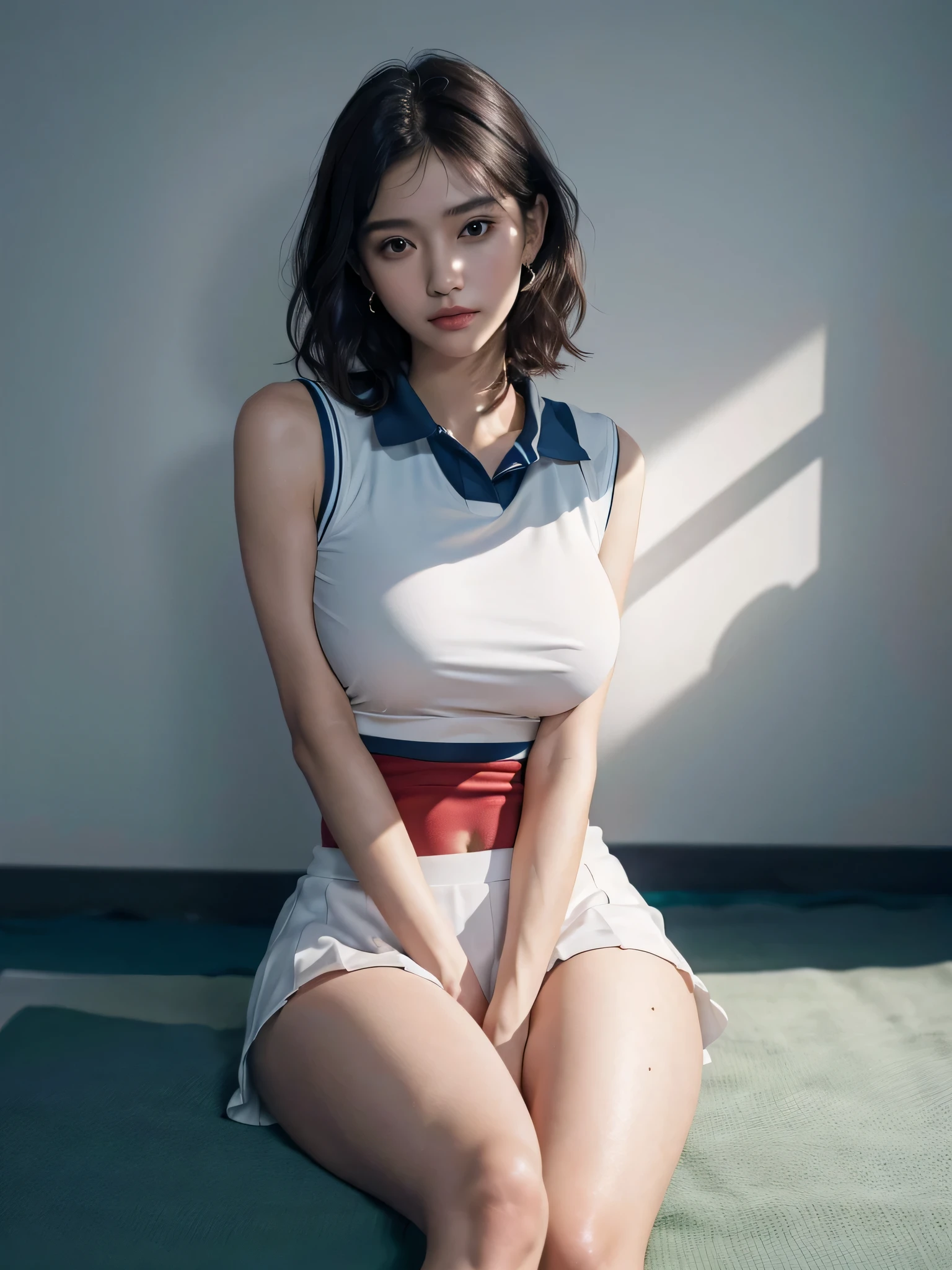disorganized, RAW photo, very delicate and beautiful, masterpiece, highest quality, ultra high resolution, 16k, surreal, super detailed, perfect anatomy, super dense skin, perfect figure, Highly detailed CG 8k wallpaper, 20's, very slim body, tight waist, very small head, very small face, delicate facial features, tearful mole, earrings, thin legs, (very huge round breasts:1.2), (full body shot:1.1), (1 girl:1), short hair, (wavy hair:1.1), (tennis uniform:1.2), No sleeve, abdomen,