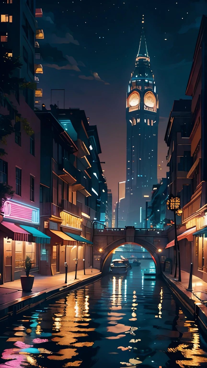 (UHD,realistic,photorealistic:1.37),vibrant colors,picturesque buildings,illuminated streets,reflection in the water,star-studded sky,fascinating architecture,bustling nightlife,hustle and bustle of the city,aesthetic cityscape,historical landmarks,glowing street lights,twinkling city lights,romantic atmosphere,都市夜景,golden lights decorating the city,towering skyscrapers,serene moonlight,shadowy alleys,peaceful river flowing through the city,beautifully lit bridges,shimmering reflections,dazzling neon signs