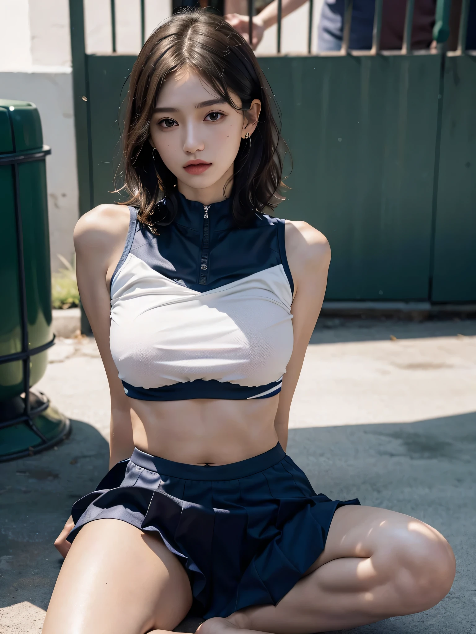 disorganized, RAW photo, very delicate and beautiful, masterpiece, highest quality, ultra high resolution, 16k, surreal, super detailed, perfect anatomy, super dense skin, perfect figure, Highly detailed CG 8k wallpaper, 20's, very slim body, tight waist, very small head, very small face, delicate facial features, tearful mole, earrings, thin legs, (very huge round breasts:1.2), (full body shot:1.1), (1 girl:1), short hair, (wavy hair:1.1), (tennis uniform:1.2), No sleeve, abdomen,