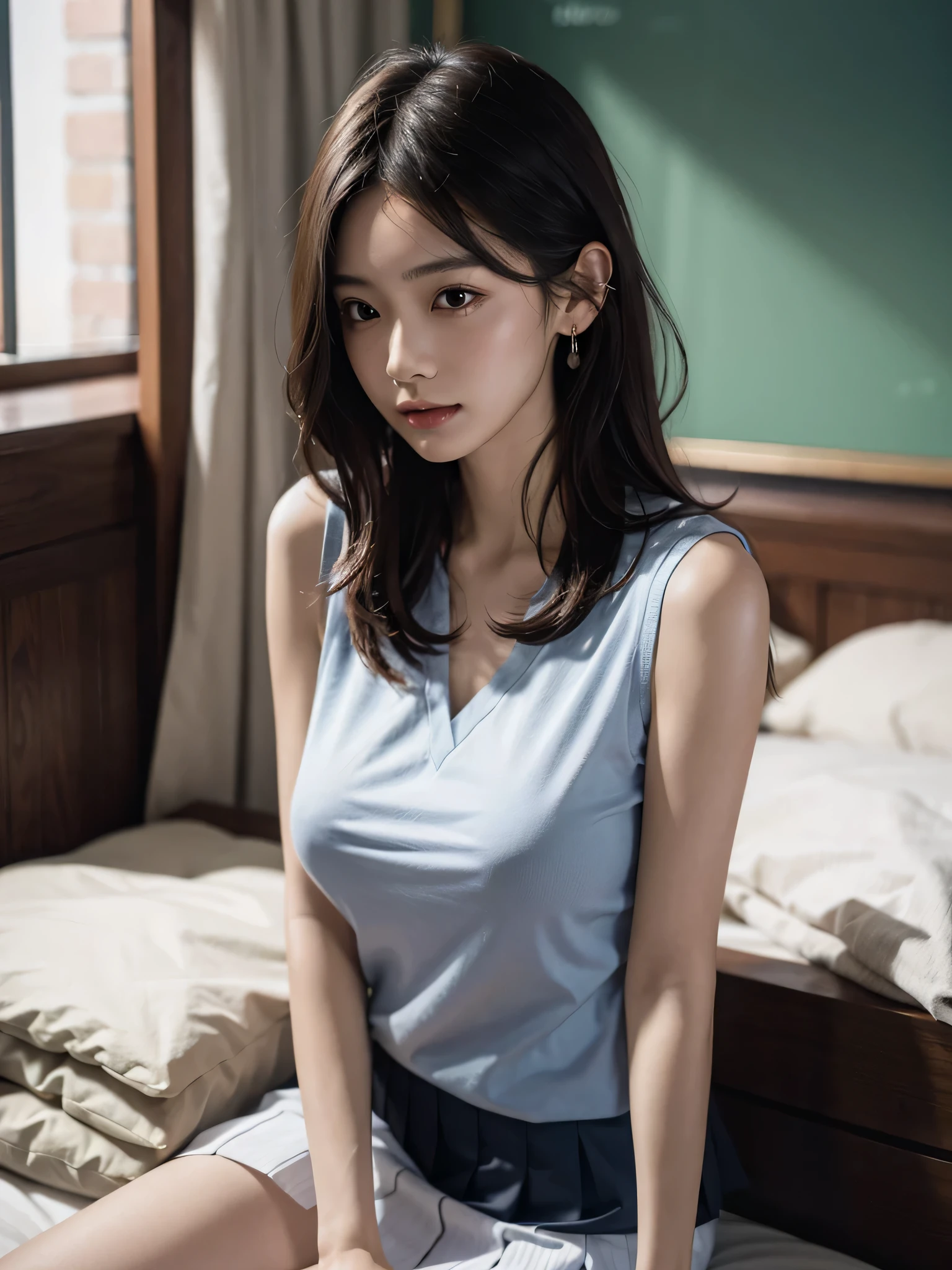 8k, Raw photo, highest quality, masterpiece:1.2), masterpiece, highest quality, figure, Very detailed, Fine details, High resolution, 8k,wallpaper, Perfect dynamic composition,(Detailed high quality, Realistic depiction of eyes:1.3)、A woman who has been and has her hands tied、Arms wrapped around his back, hands tie behind back, Put gummed tape over your mouth、Inside a beautiful hotel room at night、Sitting on the bed、Outside the window is a night view、 With legs wide open、In underwear、The bra is light blue、panties are light blue、whole body、The whole thing faces forward、21talent、Beauty、Well-formed face、Make your eyes even、Beautiful black hair、Has bangedium build、Well-balanced proportions、Small breasts、Beautiful legs、Blue Short Sleeve Blouse、Fresh face、Beautiful scenery、