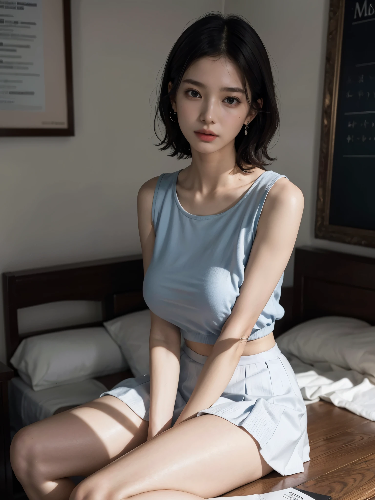 absurdres, RAW photo, extremely delicate and beautiful, masterpiece, Best Quality, ultra high resolution, 16k, hyperrealistic, ultra-detailed, perfect anatomy, super Detailed skin, perfect figure, Very detailed CG 8k wallpaper, in her 20s, very Slim body, narrow waist, very small head, very small face, delicate facial features, tearful mole, earring, thin legs, (very huge round breasts:1.2), (full body shot:1.1), (1 girls:1), short hair, (wavy hair:1.1), (school uniform:1.2), sleeveless, 