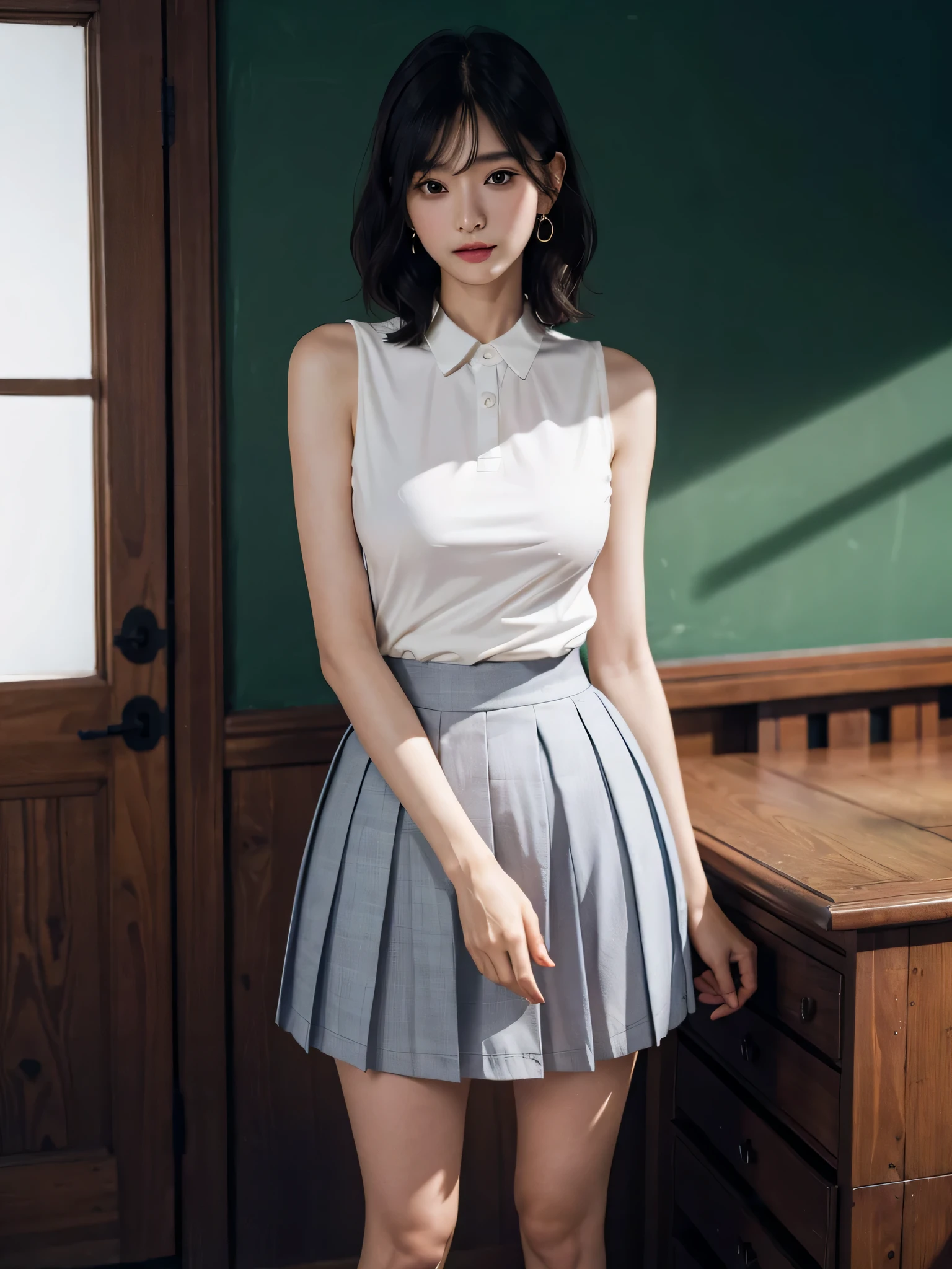 disorganized, RAW photo, very delicate and beautiful, masterpiece, highest quality, ultra high resolution, 16k, surreal, super detailed, perfect anatomy, super dense skin, perfect figure, Highly detailed CG 8k wallpaper, 20's, very slim body, tight waist, very small head, very small face, delicate facial features, tearful mole, earrings, thin legs, (very huge round breasts:1.2), (full body shot:1.1), (1 girl:1), short hair, (wavy hair:1.1), (school uniform:1.2), No sleeve,