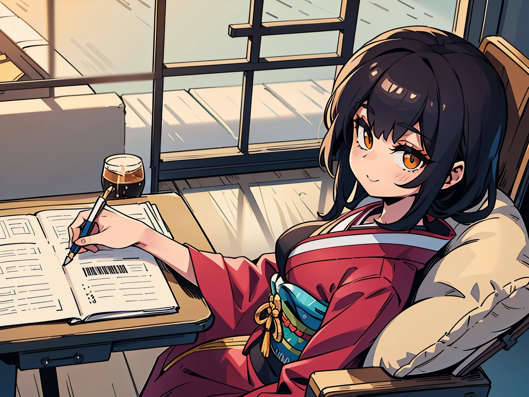 A woman drinking coffee is seated in a chair, facing a desk. On the desk are a notebook and a pen. The scene is indoors, captured from a diagonal upward angle. The atmosphere is calm and cheerful. The woman aims for a meticulous lifestyle. She is wearing a kimono.