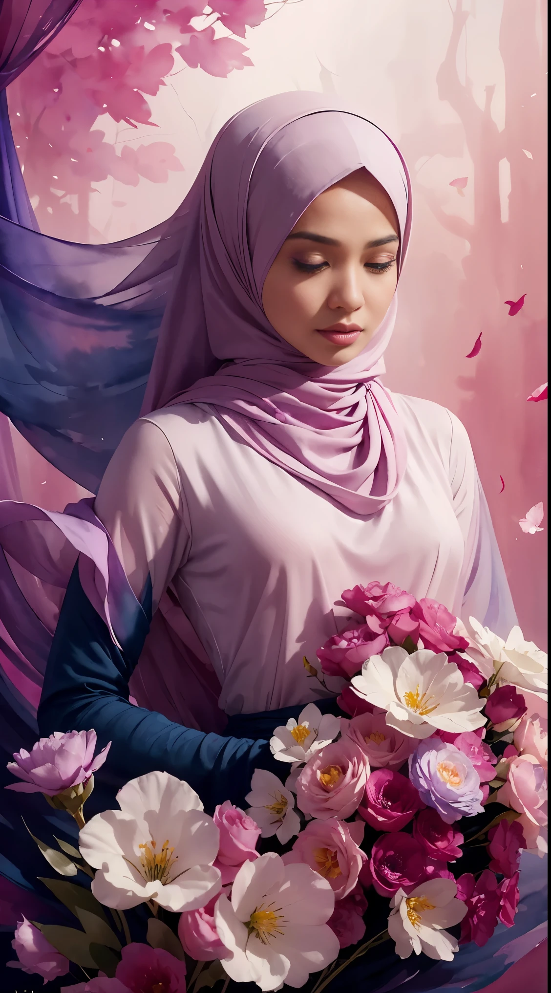 1girl malay in hijab,flower, Lisianthus ,in the style of light pink and light azure, dreamy and romantic compositions, pale pink, ethereal foliage, playful arrangements,fantasy, high contrast, ink strokes, explosions, over exposure, purple and red tone impression , abstract, ((watercolor painting by John Berkey and Jeremy Mann )) brush strokes, negative space,