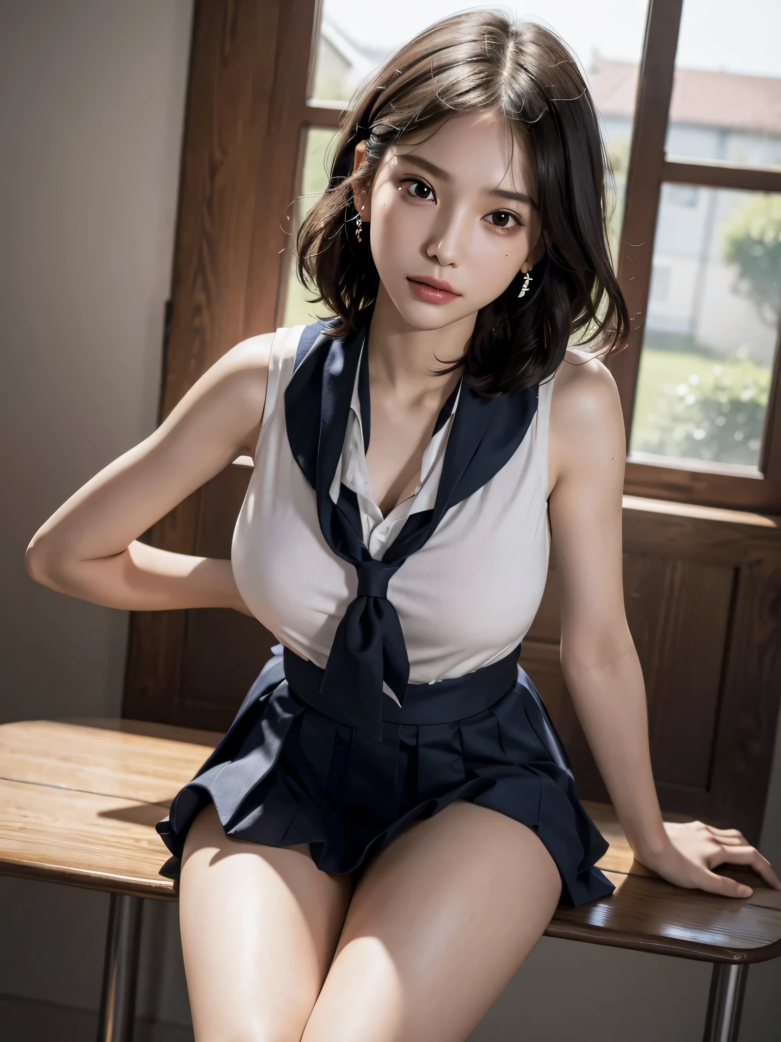 1girl in, Solo, Underwear, Panties, Standing, pantypull, Undressing, clothes pull,Female School Uniform, (​masterpiece:1.4、top-quality))、(photographrealistic:1.4)、profetional lighting、physically-based renderingt、Very cute、extremely detailed eye and face、Eyes in Beautiful Details、(beautiful japanese female:1.05), (NSFW:1.5), ((Best Quality, 8K, masutepiece: 1.3)), Photorealistic, Sharp Focus, High quality, High Definition, Portrait, Solo, Japan, beautiful mature lady, Middle Aged Woman, Beauty, (Naked:1.5), 40 years old, Plump, Wavy Hair, , wrinkles, slightly droopy:1.2,Full body , Cowboy Shot,Natural light:1.0