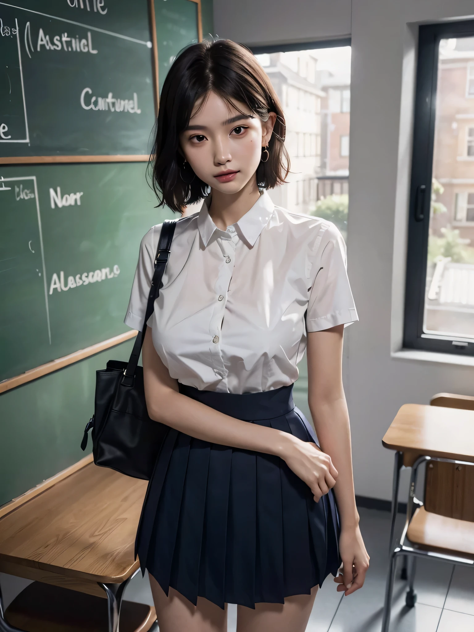 disorganized, RAW photo, very delicate and beautiful, masterpiece, highest quality, ultra high resolution, 16k, surreal, super detailed, perfect anatomy, super dense skin, perfect figure, Highly detailed CG 8k wallpaper, 20&#39;s, very slim body, tight waist, very small head, very small face, delicate facial features, tearful mole, earrings, thin legs, (very huge round breasts:1.2), (full body shot:1.1), (1 girl:1), short hair, (wavy hair:1.1), (school uniform:1.3), 