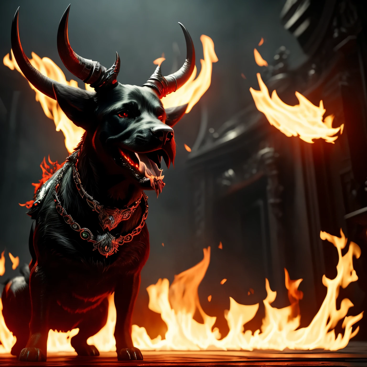 ((masterpiece)), ((ultra detailed)), 4K, RTX, Unreal 5, a black dog, hell fire, dog on fire, devilish, devil, two horns, scary, wolfish, looking at lens, looking at camera, devil in background