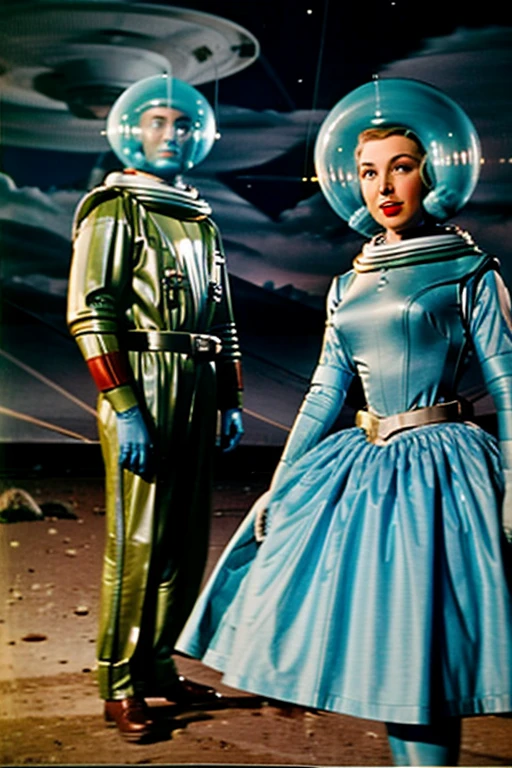 Exterior shot in an old 1950s science fiction TV show with human actors and actors dressed as aliens and robots and flying saucers