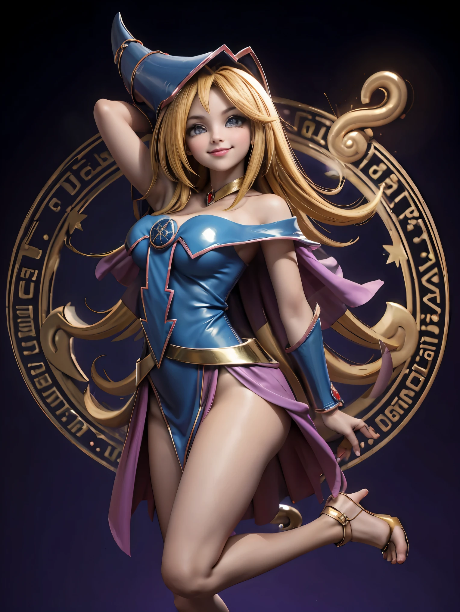 Dark magician gils en el aire, she comes out of a magic circle of heart. Magic hearts background. Sonrisa en sus labios. Ojos celestes. Cabello dorado. Pose sensual. Levitando en una pie. Tiene tacones. 1.1 Usa tacones azules y dorados . Usa tacones 