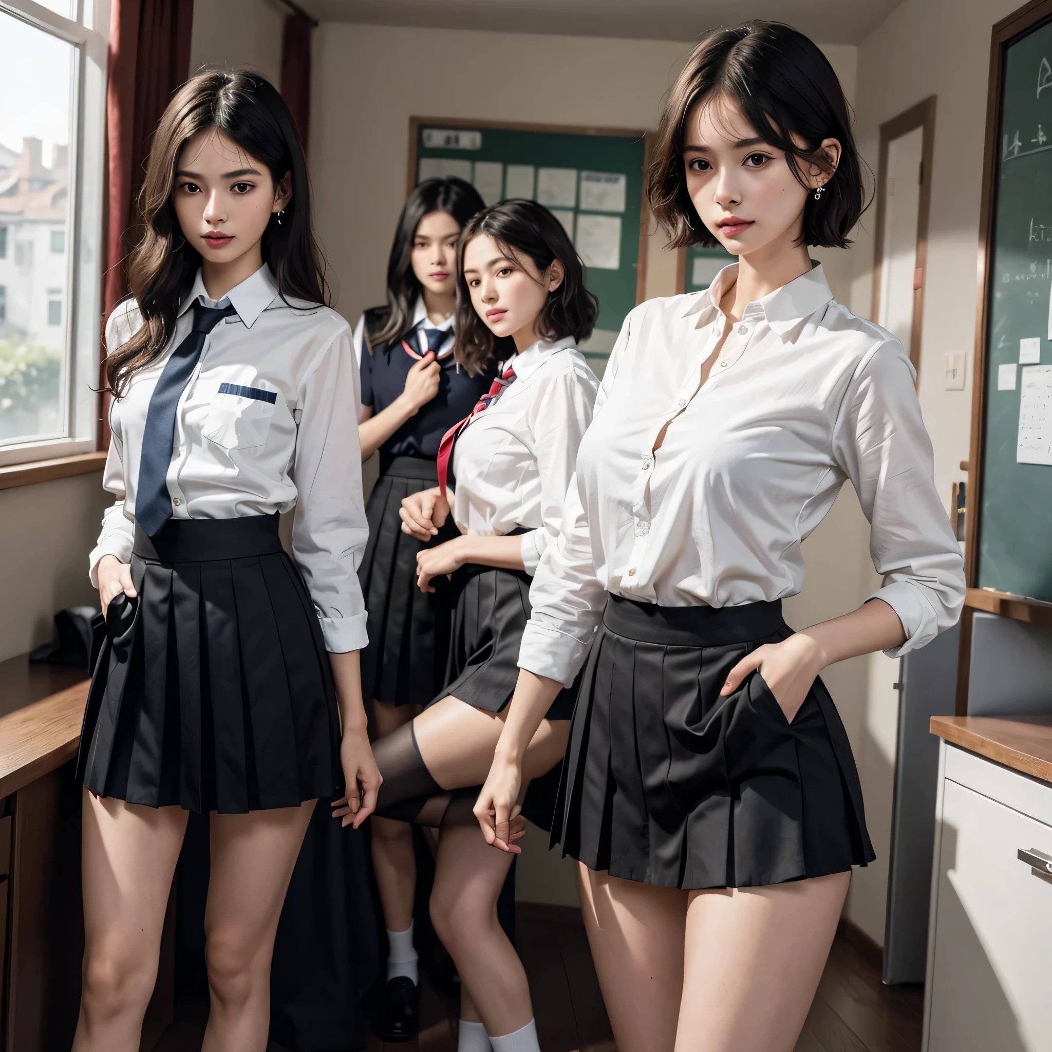 disorganized, RAW photo, very delicate and beautiful, masterpiece, highest quality, ultra high resolution, 16k, surreal, super detailed, (perfect anatomy), super dense skin, perfect figure, Highly detailed CG 8k wallpaper, 20's, very slim body, tight waist, very small head, very small face, delicate facial features, tearful mole, earrings, thin legs, (very huge round breasts), (((3 girls))), short hair, (wavy hair), ((school uniform)), ((very short skirt)),