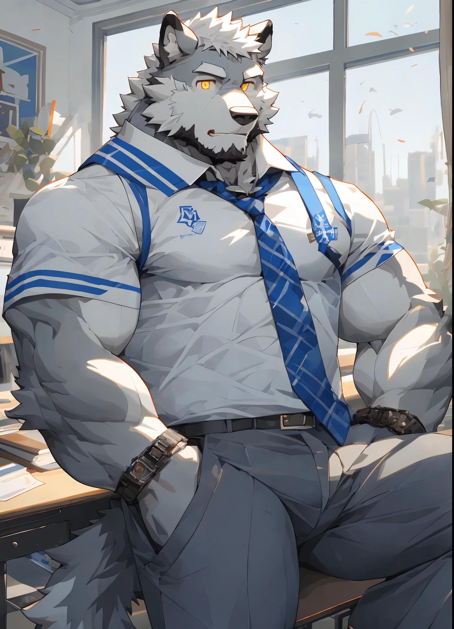 （masterpiece），（Very detailed），（High detail），（best quality），hairy，Wolf，gray fur，white hair，golden pupils，muscular，（Blue and white school uniform 1.2），Gray pants，（room background 1.3），8k，（（high quality））