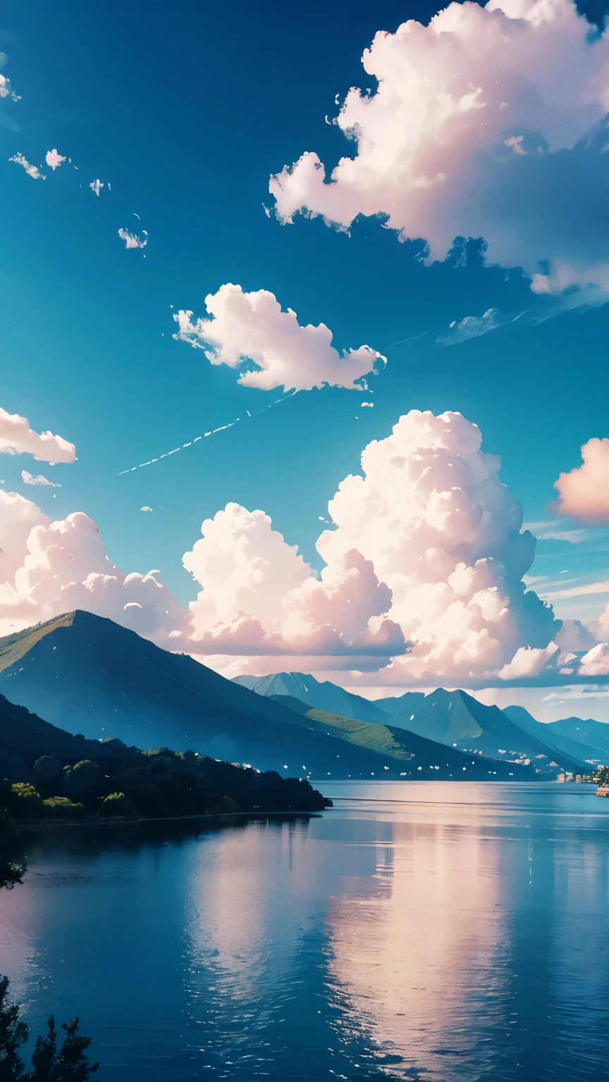 (best quality,highres),landscape,beautiful clouds,vibrant colors,breathtaking view,majestic mountains,serene lake,peaceful atmosphere,lush greenery,fluffy white clouds,rolling hills,sunlit sky,dramatic lighting,masterful composition,realistic details,perfectly captured moment