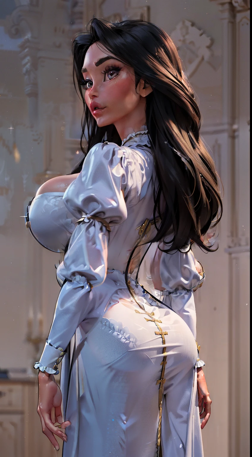 ((Looking back view)), (Pocahontas), ((native American gown)), ((off the shoulder)), style, ((intricate gown)), (perfect ass), ass cleavage, anime style, (((perfect ass))), (((Native American))) (gigantic breasts:1.2) (((smoldering eyes))), ((long hair:1.5)), ((black hair:1.5)), 8k, 4k, Unreal Engine 5, octane render, ((bubblebutt)), trending on pixiv, ((puffy gown:1.7)) ((intricate lining on gown:1.4)), (((puffy sleeves:1.5))), fanbox, skeb, (((long sleeves:1.5))), ((masterpiece)), ((glittered gown:1.2)),(skindentation:1.4), ((sleeve cuffs:1.3)), wide hips, (full lips:1.5), ((cleavage cutout:1.4)), ((underboobs:1.2)), smooth soft skin, big dreamy eyes, beautiful anime wide eyes, soft lighting,((official art)), clean lines, digital painting,