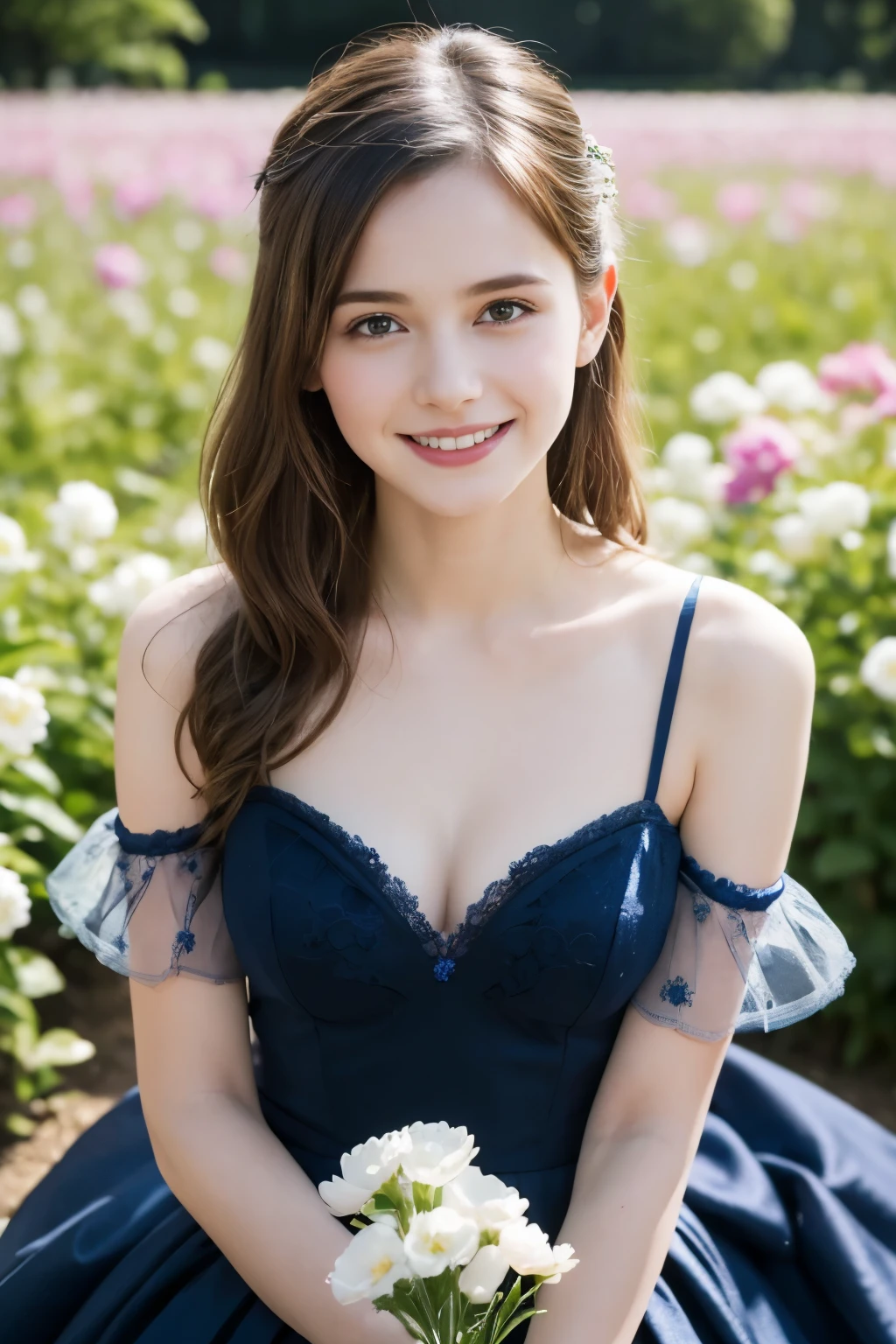 Masterpiece, Best quality, 8k, 18 ans, Photo brute, absurdes, Award-winning portrait, sourire, sourire, pure, french, elegant vibrant blue dress, spring, orchard in bloom, laces, famous singer, cute