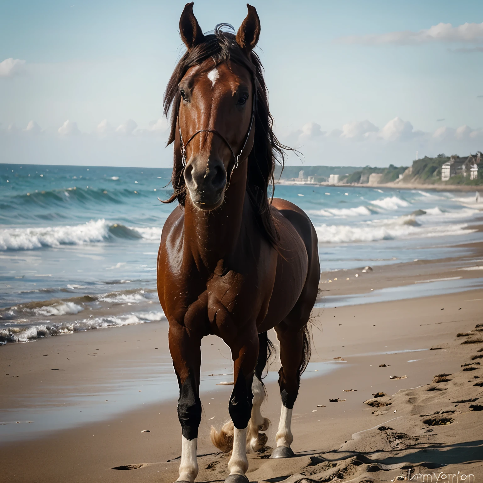 horse brown with black mane, gallopiert am Strand, palmen, mittag, sandstrand, Turquoise sea, blumen am rand