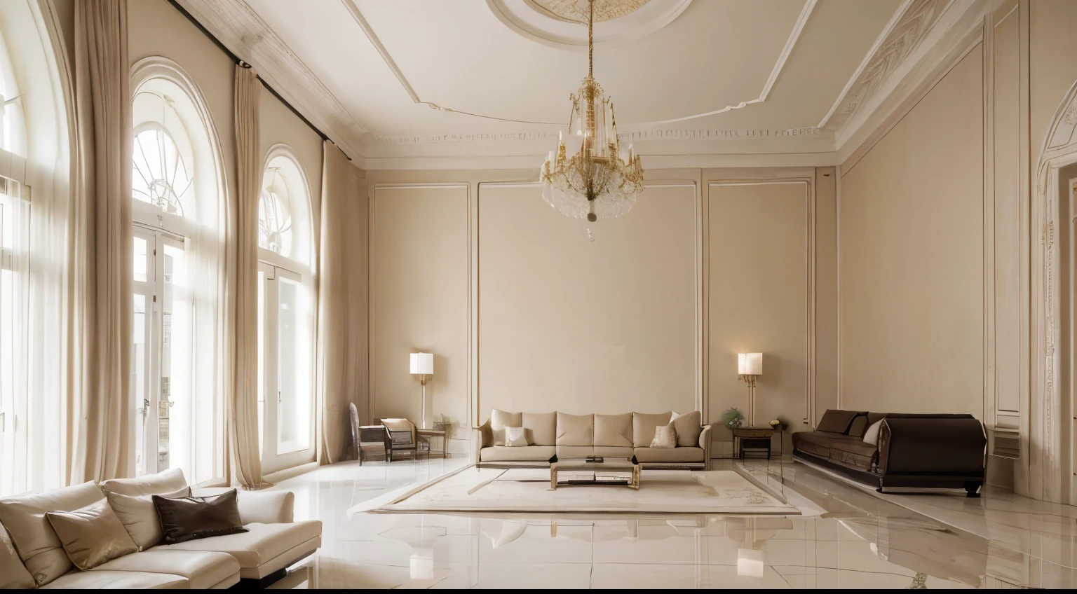 high resolution photography interior design kitchen,  dreamy sunken living room conversation pit, big leather couch looking royal, marble floor, high ceiling, beige black white pastel palette, interior design magazine, cozy atmosphere