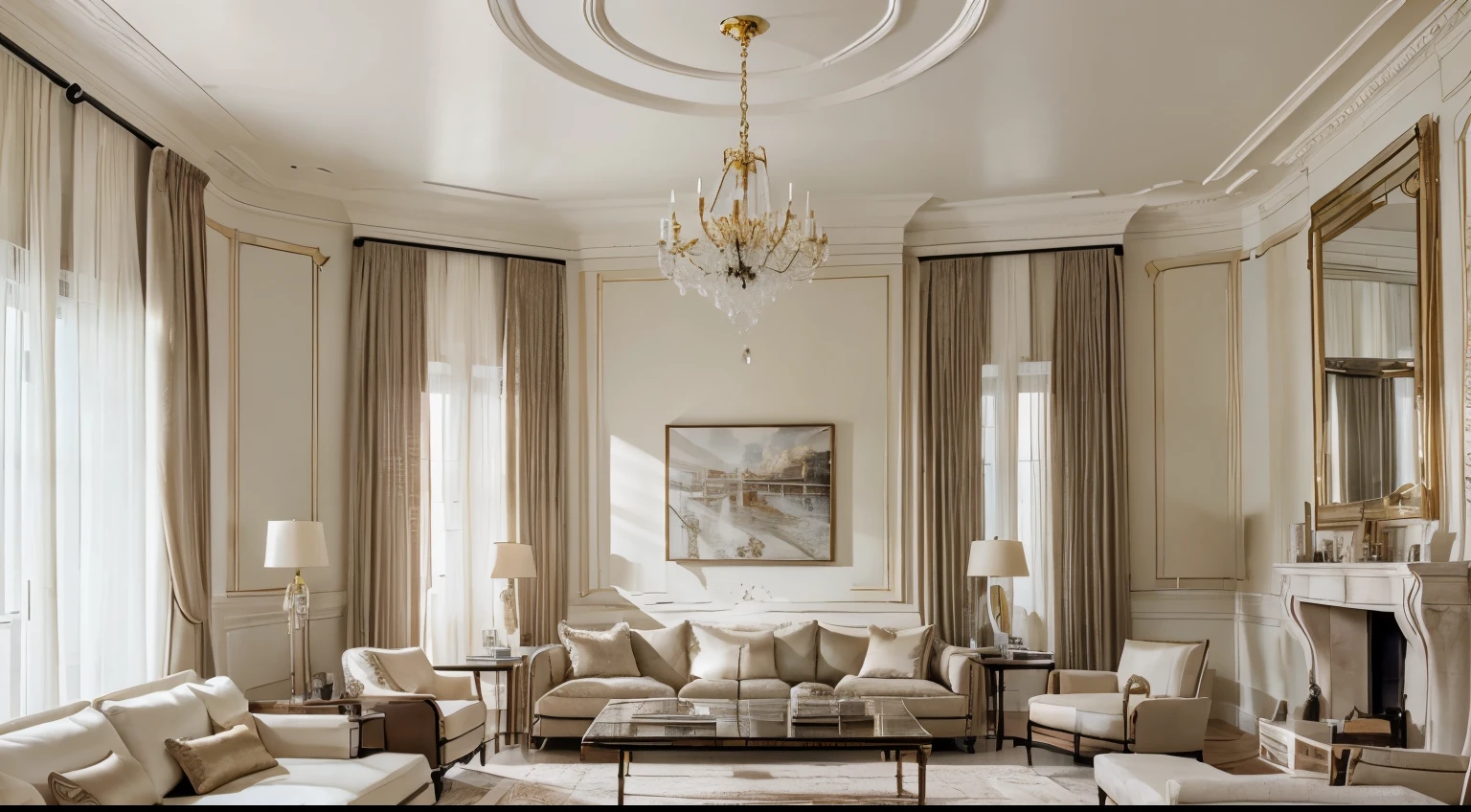 high resolution photography interior design, dreamy sunken living room conversation pit, big leather couch looking royal, marble floor, high ceiling, beige black white pastel palette, interior design magazine, cozy atmosphere