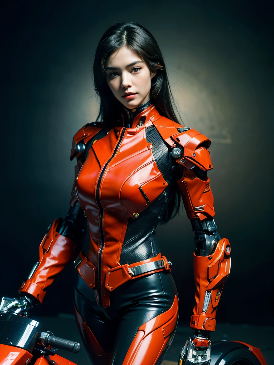 ((best quality)), ((masterpiece)), ((perfect face))、((detailed motorcycle))、Detailed and clear photos、((Cyborg Woman))、(Red long sleeve riding jacket and leather pants))、((ride a motorcycle))、((cybernetics))、slender body、((Woman with mechanical body))、communication headset、(((steel fingers)))、(((The body is mechanized)))