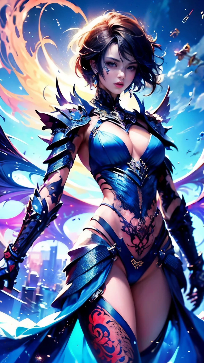 (Masterpiece, Top Quality, Top Quality, Official Art, Beautiful and Aesthetic: 1.8), (tattoo:1.6),(Photorealistic: 1.2), Sharp Focus, (Wearing Detailed Body Jewelry, 1girl, Beautiful Sexy, ((Succubus Demon ))), (dynamic pose), (change pose), (dynamic angle), beautiful face, detailed face, perfect proportions, (small breasts:1.5), navel, crotch gap, thighs, cowboy Shot, Highly Detailed, (Fractal Art: 1.4), Colorful, Best Detailed, (Sexy Armor), ((Movie Lighting)),cool beauty,tall woman,short cut hair,Precisely expresses details such as face and skin texture,beautiful eye,double eyelid,delicate skin,slender body shape,