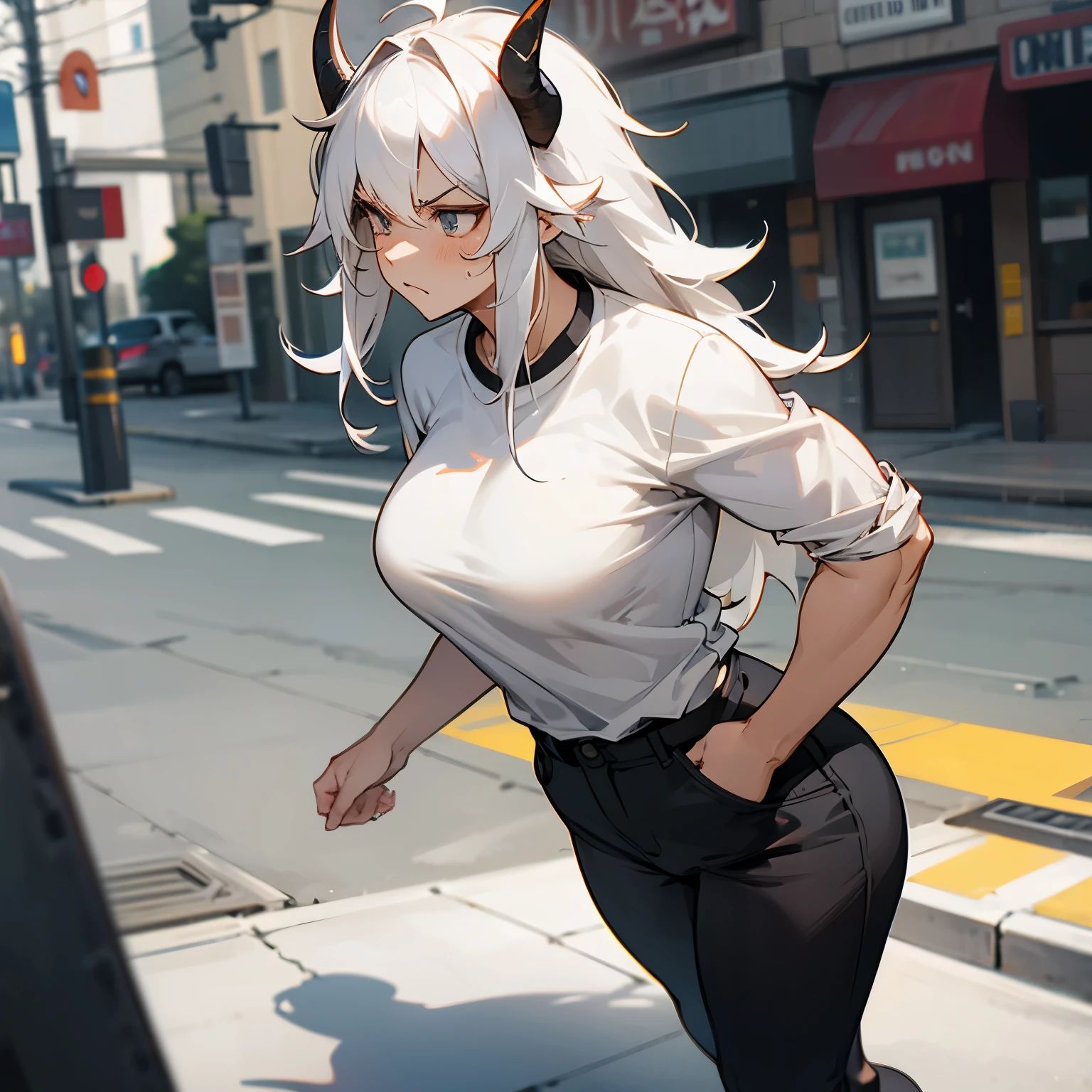 White Hair , Hazel Eyes , Bull Horns , Curvy , Adult Female , 1female , Wild Hair , Muscular , White T-Shirt , Shirt tucked into pants , Blue Jeans , Modern City Background , Standing on sidewalk , Serious Expression