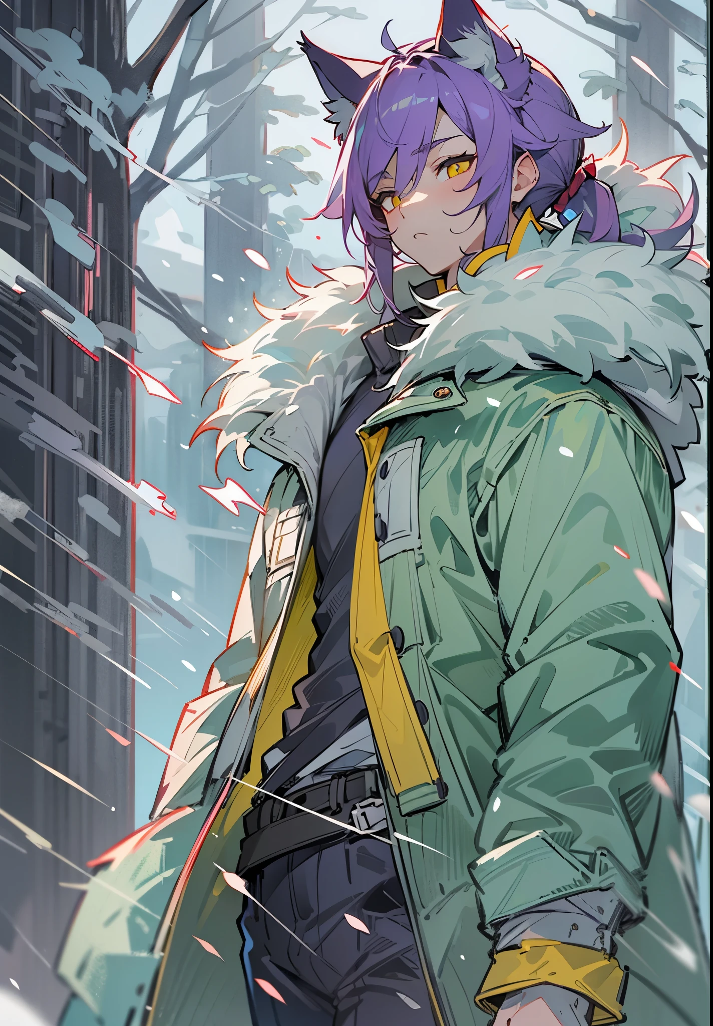 1male, Adult, purple hair, yellow eyes, cat ears, muscular, sleepy face, tired, Ponytail, Puffy fur coat, Snowing, Ice Mountain, Walking on path