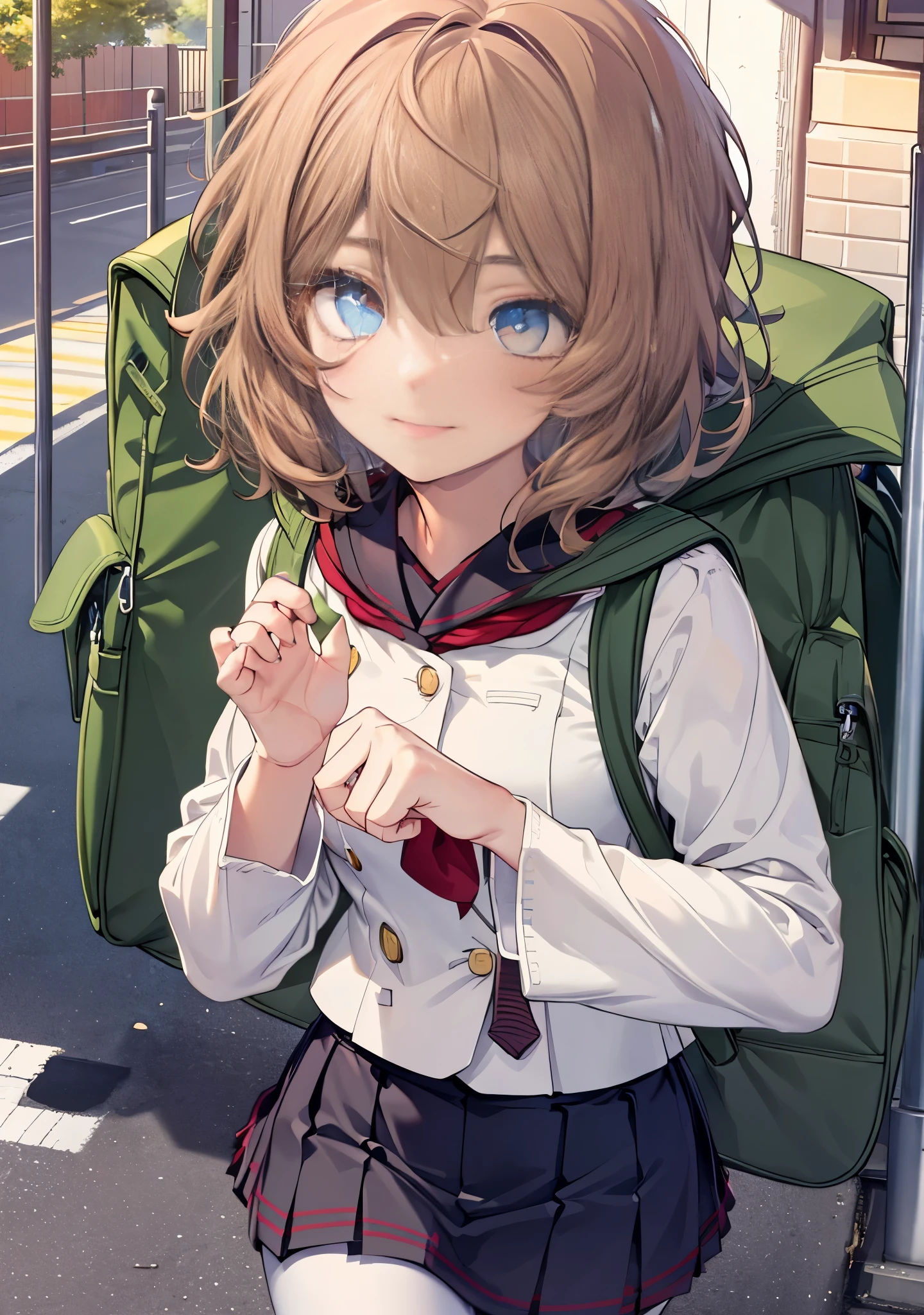 8k,highest quality,masterpiece,Lirilka_Burn, 1 girl, alone, the audience, blush, smile, short hair, brown hair, short hair,brown eyes,japanese high school girl uniform(White Y-shirt),black jacket,black pleated skirt,red muffler,black pantyhose,white loafers,student bag,In town,building street,Going to school,(masterpiece:1.2), highest quality, High resolution, unity 8k wallpaper, (shape:0.8), (beautiful and detailed eyes:1.6), highly detailed face, perfect lighting, Very detailed CG, (perfect hands, perfect anatomy),