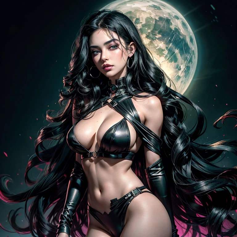 Introducing Maxine, a breathtakingly beautiful woman with long, luscious waves of wavy black hair that flowed down her shoulders in a cascade of dark silken strands. Her alluring medium-sized breasts were accentuated by the revealing yet edgy cyberpunk-style micro bikini she wore, the ultra-thin lace fabric barely concealing her bare skin. Her captivating green eyes, as bright and vibrant as emeralds, shone with an intelligence and intrigue that drew in those around her. Her full, luscious lips were coated in a bold shade of pink lipstick, adding a pop of color to her otherwise monochromatic att