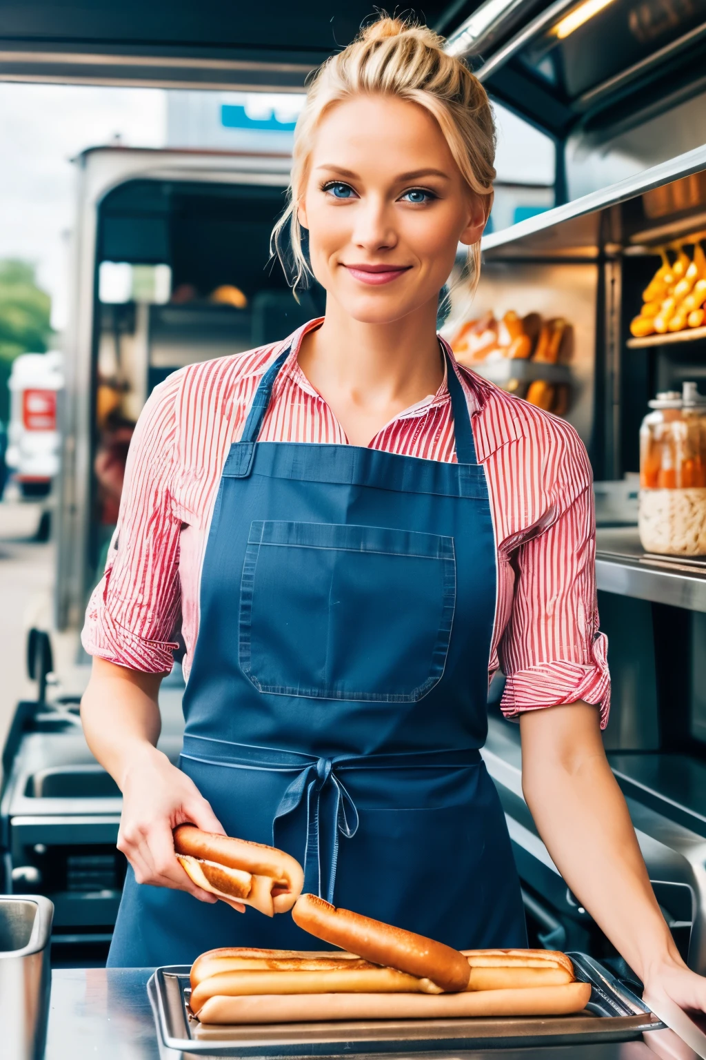 A realistic image of a slender 30-year-old Blond Woman expertly making hot dogs on a food truck. The food truck background is intricately detailed with textured metal and vibrant logos. Hot dog woman wears a red and white striped apron, revealing her fit figure, and holds a pair of tongs with a hot dog in hand. Her blond hair is pulled back into a neat bun, exposing her realistic, detailed face with expressive features and bright, captivating blue eyes. High-definition, cinematic lighting accentuates every detail in this 8k image.