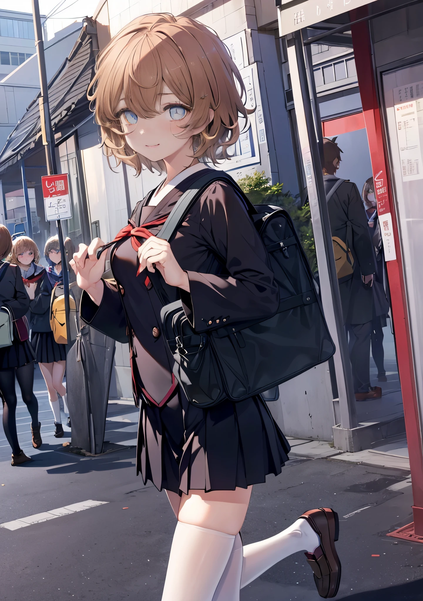 8k,highest quality,masterpiece,Lirilka_Burn, 1 girl, alone, brown eyes,the audience, blush, smile, short hair, brown hair, short hair,,japanese high school girl uniform(White Y-shirt),black jacket,black pleated skirt,red muffler,black pantyhose,white loafers,student bag,In town,building street,Going to school,(masterpiece:1.2), highest quality, High resolution, unity 8k wallpaper, (shape:0.8), (beautiful and detailed eyes:1.6), highly detailed face, perfect lighting, Very detailed CG, (perfect hands, perfect anatomy),