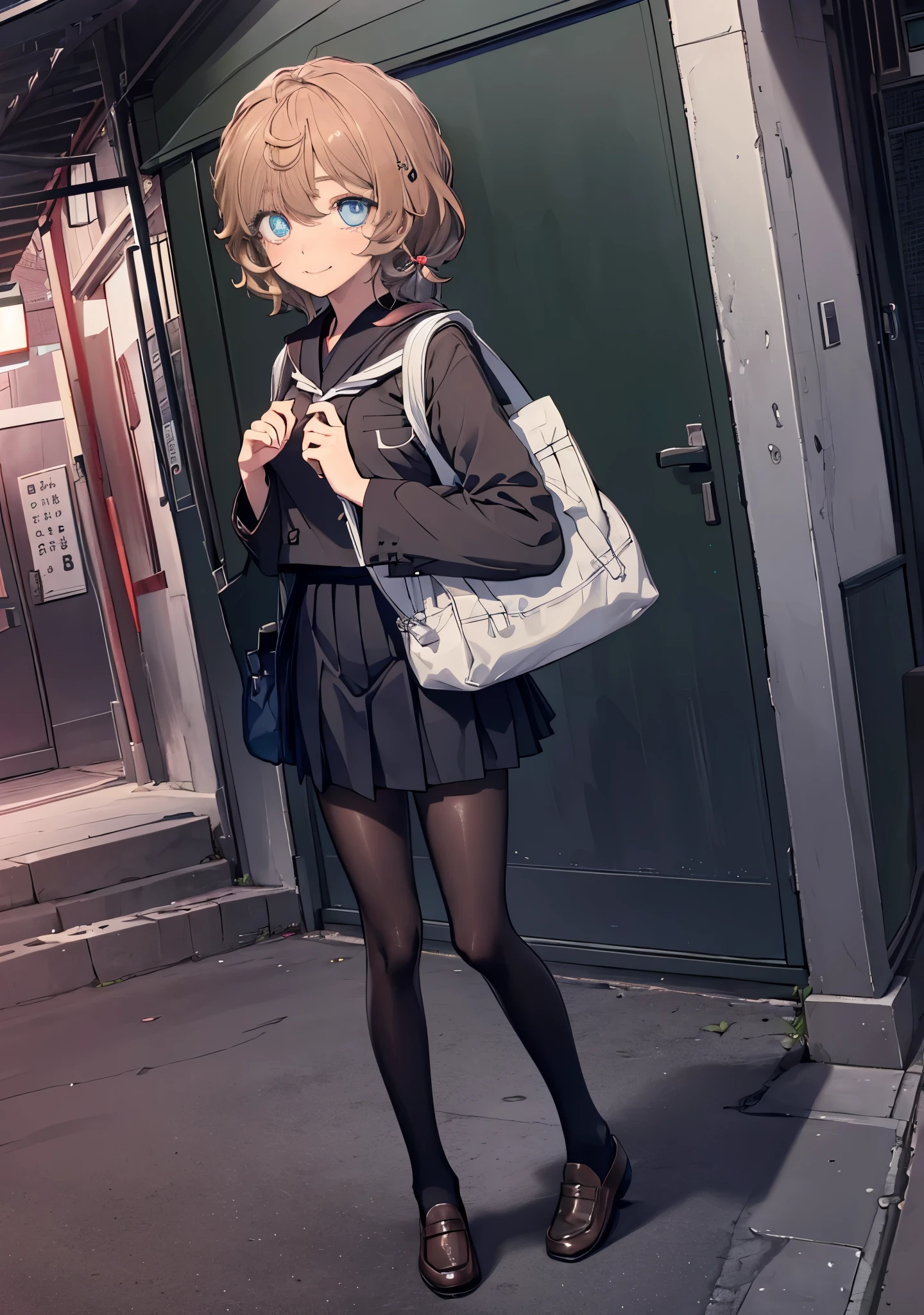 8k,highest quality,masterpiece,Lirilka_Burn, 1 girl, alone, brown eyes,the audience, blush, smile, short hair, brown hair, short hair,,japanese high school girl uniform(White Y-shirt),black jacket,black pleated skirt,red muffler,black pantyhose,white loafers,student bag,In town,building street,Going to school,(masterpiece:1.2), highest quality, High resolution, unity 8k wallpaper, (shape:0.8), (beautiful and detailed eyes:1.6), highly detailed face, perfect lighting, Very detailed CG, (perfect hands, perfect anatomy),