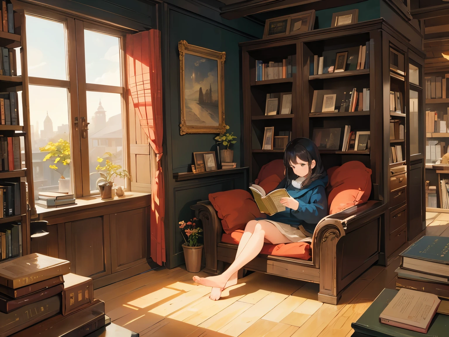 (a girl in a bookstore),bookshelves full of books,cozy atmosphere,quiet environment,warm lighting,wooden flooring,vintage decor,comfortable seating area,soft background music,friendly bookseller,recommended books,detailed illustrations,paperback novels,hardcover classics,magical book covers,antique book collection,bookmarks,piles of books,on the top floor of a historic building,large windows with natural light,reading nooks,private reading rooms,book signing event,coffee and pastries,curling up with a good book,escaping into different worlds,exploring new genres,bookworm's paradise,pursuit of knowledge,nurturing the imagination.