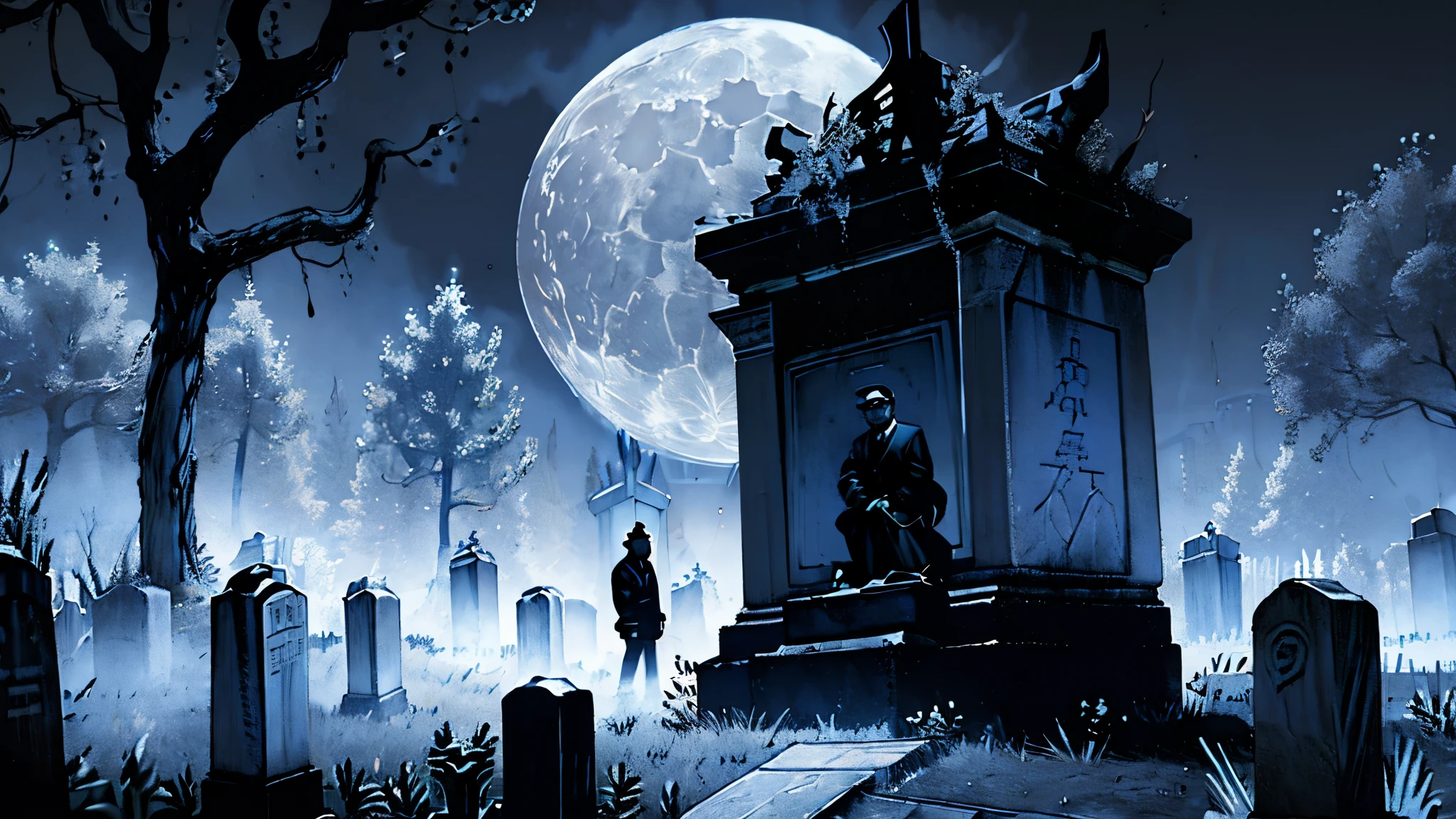 Cemetery security guard walking through a gloomy cemetery full of macabre trees and old graves on a full moon night