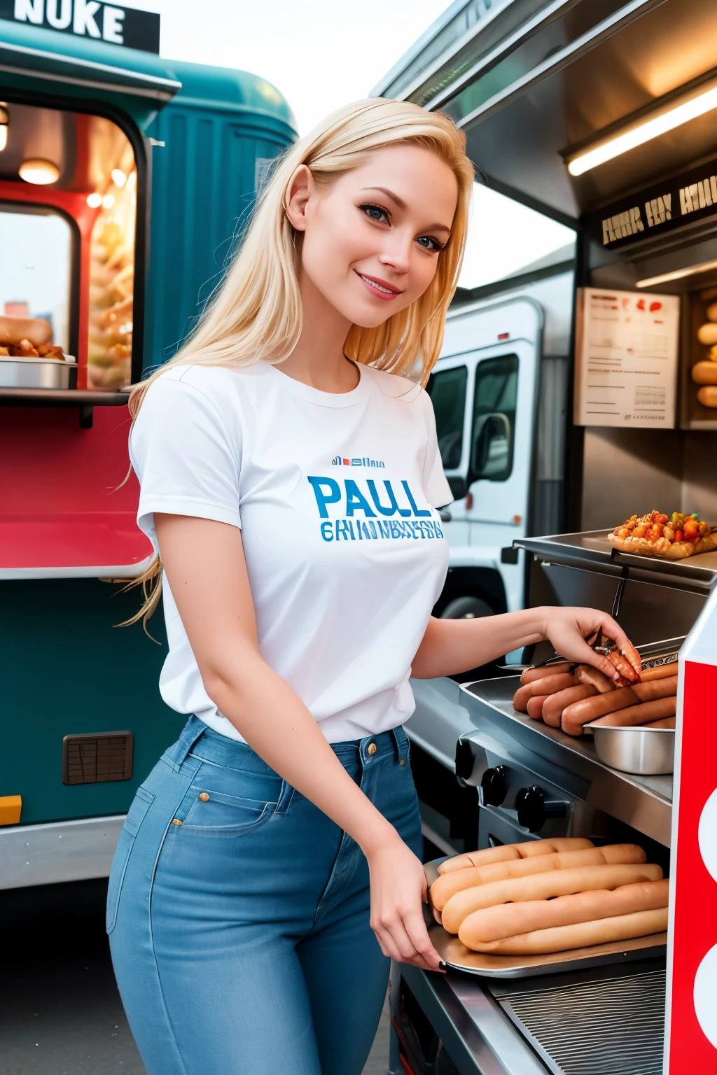 A realistic image of a 33-year-old, slender Blond Woman preparing hot dogs at a food truck, with the words "DOG PAULISTA" written on its side. She wears practical clothes suitable for working in a food truck environment. The background showcases various food truck accessories and the bustling scene of a food market. The woman's face is expressive with a slight smile, deeply detailed: 1.2, 8k ultra high definition. Her eyes are captivatingly detailed, adding depth to her realistic appearance. Cinematic and dramatic lighting casts an alluring ambiance over the scene. The high-quality image, captured using a Canon EOS R5