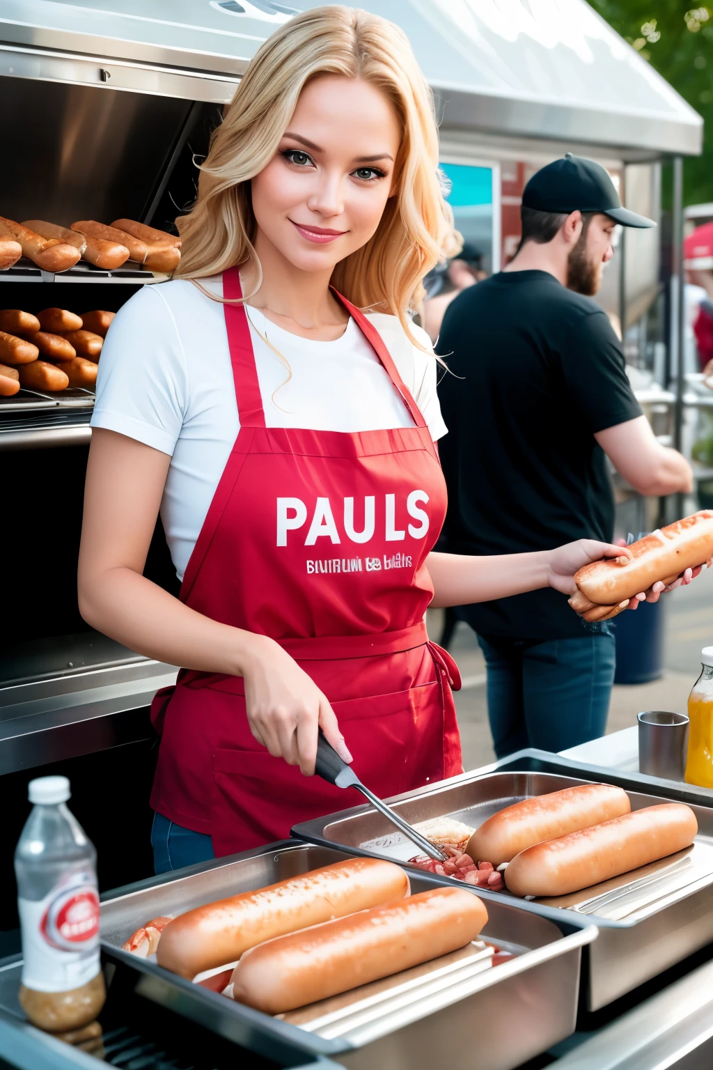 A realistic image of a 33-year-old, slender Blond Woman preparing hot dogs at a food truck, with the words "DOG PAULISTA" written on its side. She wears practical clothes suitable for working in a food truck environment. The background showcases various food truck accessories and the bustling scene of a food market. The woman's face is expressive with a slight smile, deeply detailed: 1.2, 8k ultra high definition. Her eyes are captivatingly detailed, adding depth to her realistic appearance. Cinematic and dramatic lighting casts an alluring ambiance over the scene. The high-quality image, captured using a Canon EOS R5