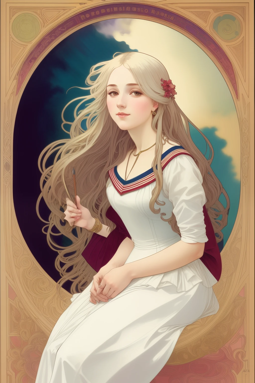 by Alphonse Mucha, teen girl, messy white hair, sailor dress, lustful, abstract spiral background
detailed, good, elegant