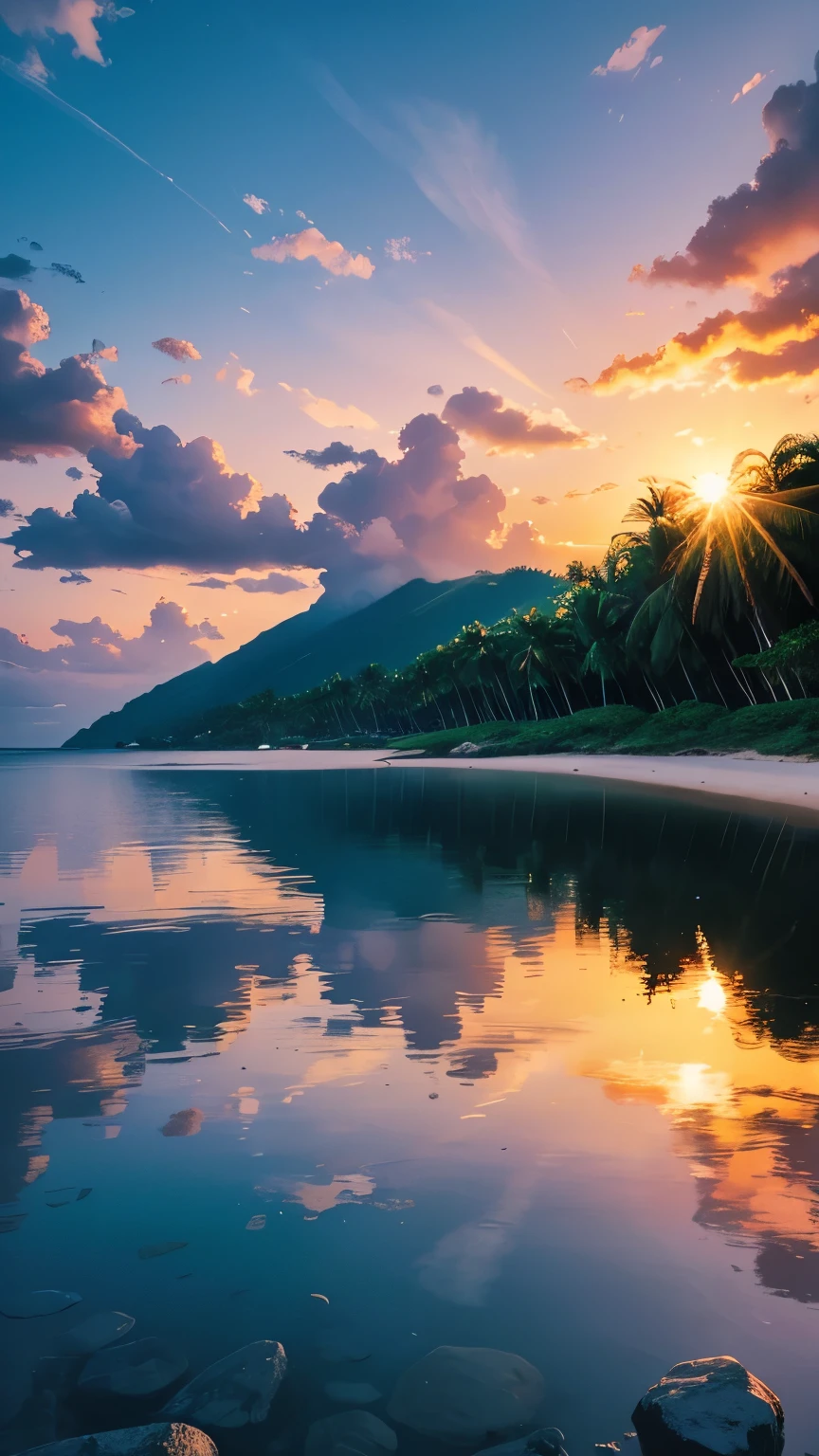 (best quality,highres:1.2),vibrant colors,spectacular sunset,beautiful landscape,serene atmosphere,glowing horizon,shimmering water,reflecting sunlight,lush greenery,flawless details,tropical paradise,breathtaking view,secluded beach,gentle waves,whispering palm trees,tranquil ambiance,fading daylight,soft breeze,romantic setting,endless horizon,blazing sky,perfectly captured moment,splendid colors,painting-like scenery,enchanted evening,majestic clouds,dreamy reflections,vivid hues,darkening sky,impressive perspective,harmonious composition,awe-inspiring natural beauty,fleeting serenity,expansive scenery,awe-inspiring landscape,unforgettable experience,secluded getaway,peaceful ocean,serene coastal setting,glowing colors,unparalleled beauty,sun-kissed nature,unobstructed view