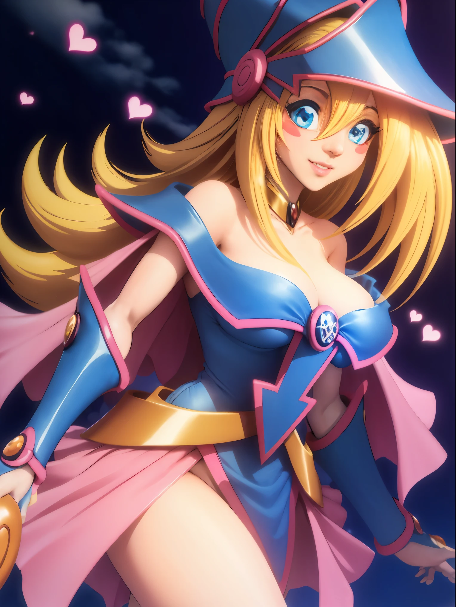 Dark magician gils. Leaving a magic circle. Magia de corazones en el aire. Pose sensual y inocente. Sonrisa de mona lisa. Happy, sonrisa